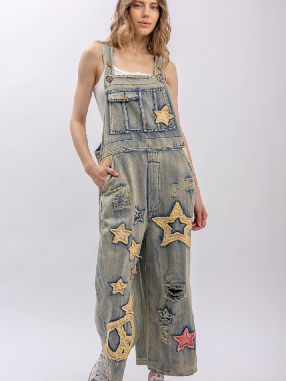 Bluevelvet Star Peace Patchwork Wide Leg Cropped Denim Jean Overalls - Picture 11 of 11